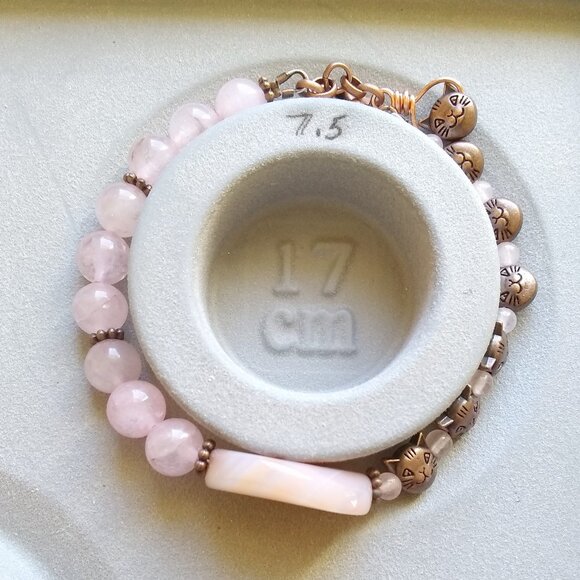Pink Rose Quartz & Copper Cats Bracelet 7-8" Wrist - Cat Lovers & Cat Ladies - Picture 5 of 10